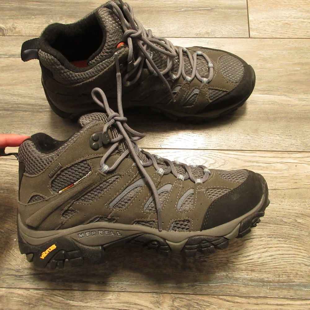 Merrell Hiking Boots Women 9.5 Moab Mid Grey Waterproof Vibram Sole Hike Camp